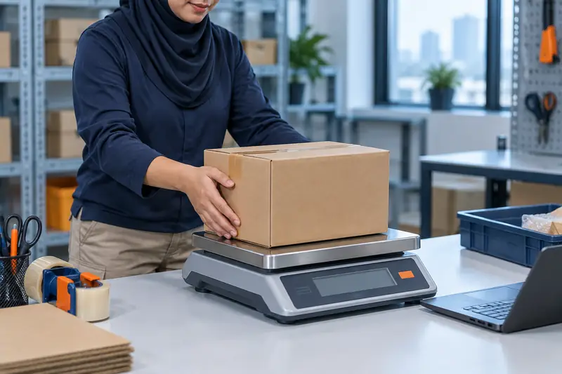 Meletakkan bungkusan siap pada penimbang